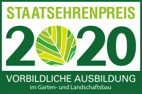 Logo und Schriftzug Staatsehrenpreis 2020. Vorbildliche Ausbildung im Garten- und Landschaftsbau